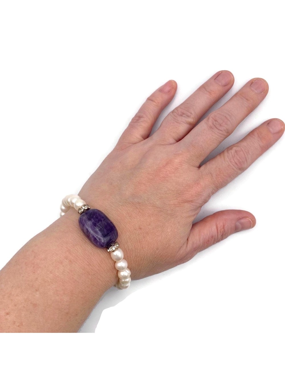 Vintage Amethyst and Cultured Freshwater Pearl Bracelet, Elastic 7" Bracelet.